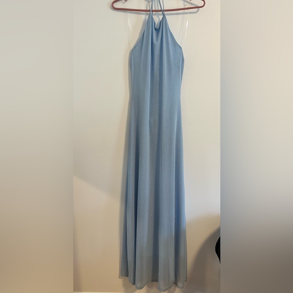Mistyrose light blue sparkle halter dress